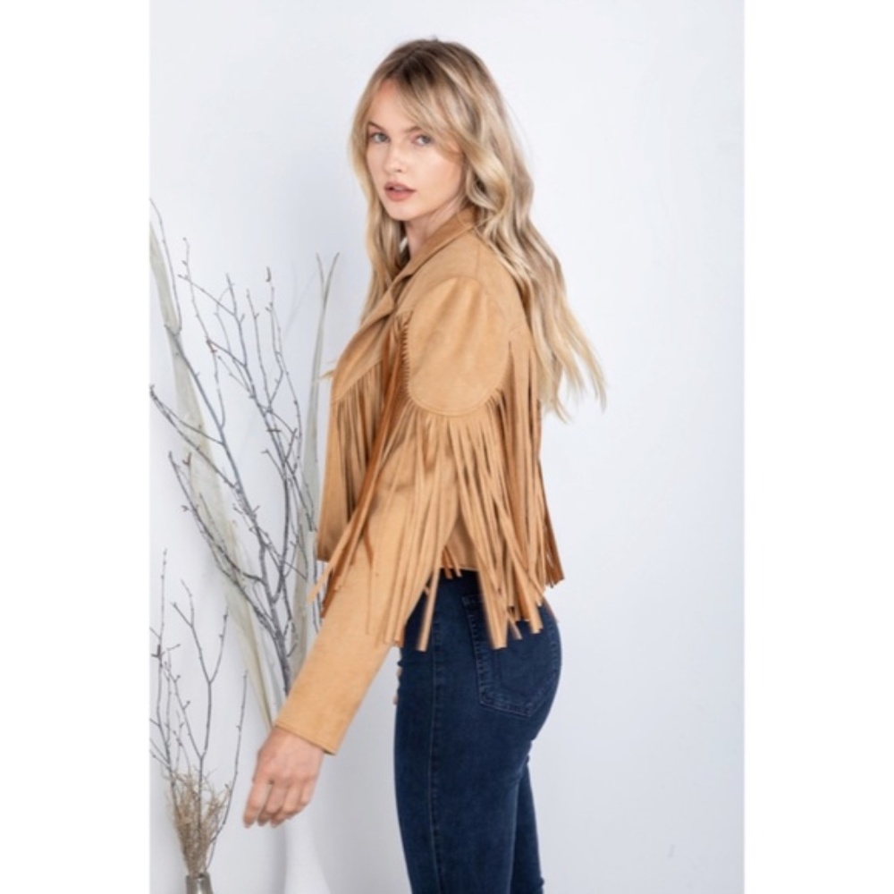 SOLD OUT Camel Faux Leather Suede Fringe Cropped Western Boho Moto Jacket - Picture 12 of 13